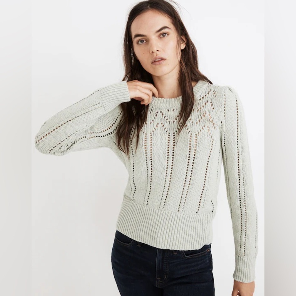 Madewell Pointelle Puff-Sleeve Sweater in Sage Mist Mint Green